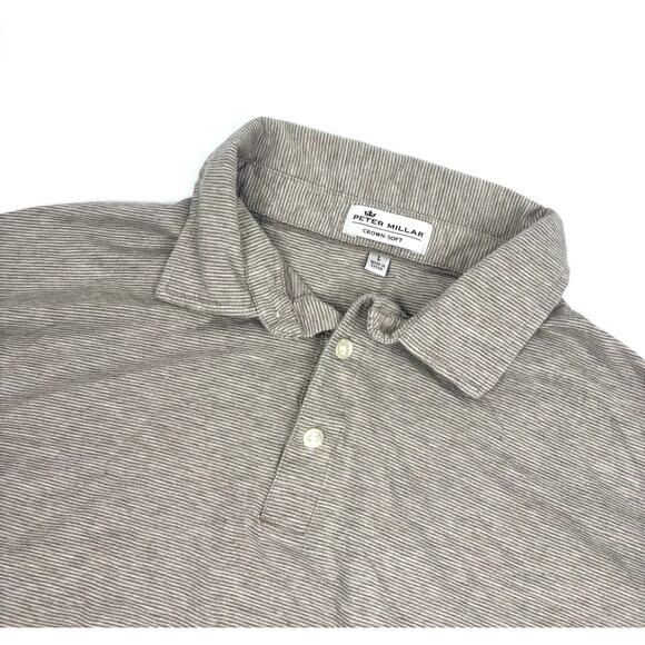 Peter Millar Crown Soft Golf Polo Shirt Mens Large Brown Striped - Picture 1 of 7